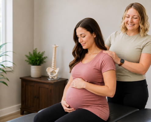 Prenatal chiropractor providing chiropractic care to a pregnant woman at Babcock Family Chiropractic